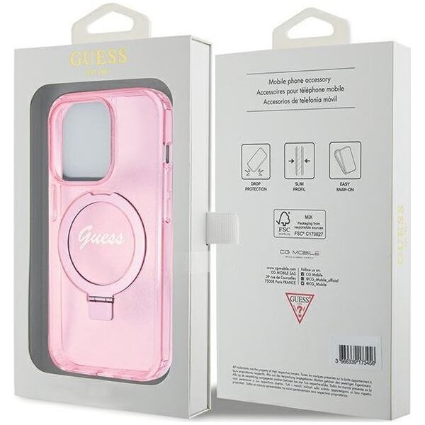 Guess Guess GUHMP15LHRSGSP iPhone 15 Pro 6.1" różowy/pink hardcase Ring Stand Script Glitter MagSafe 13171315 3666339156480