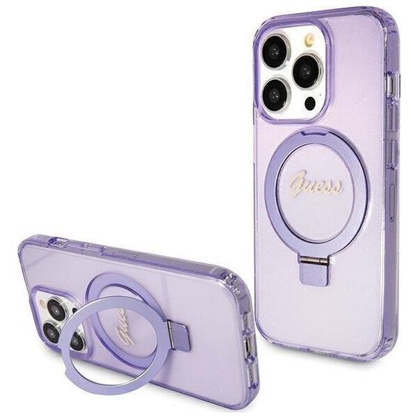 Guess Guess GUHMP15LHRSGSU iPhone 15 Pro 6.1" fioletowy/purple hardcase Ring Stand Script Glitter MagSafe 13171317 3666339156763