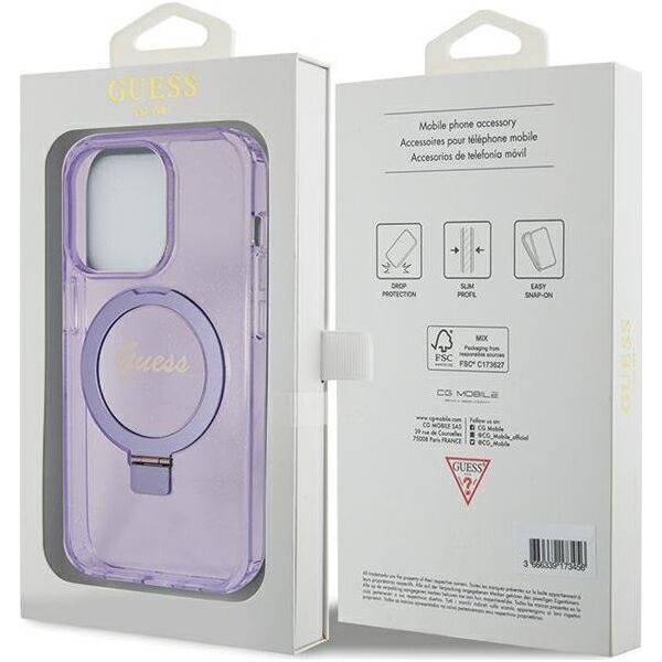Guess Guess GUHMP15LHRSGSU iPhone 15 Pro 6.1" fioletowy/purple hardcase Ring Stand Script Glitter MagSafe 13171317 3666339156763