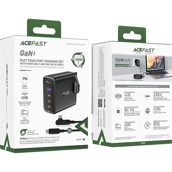 Ładowarka Acefast Szybka ładowarka GaN UK Acefast A40 100W PD 3x USB-C 1x USB-A - czarna 13177921 6974316281962