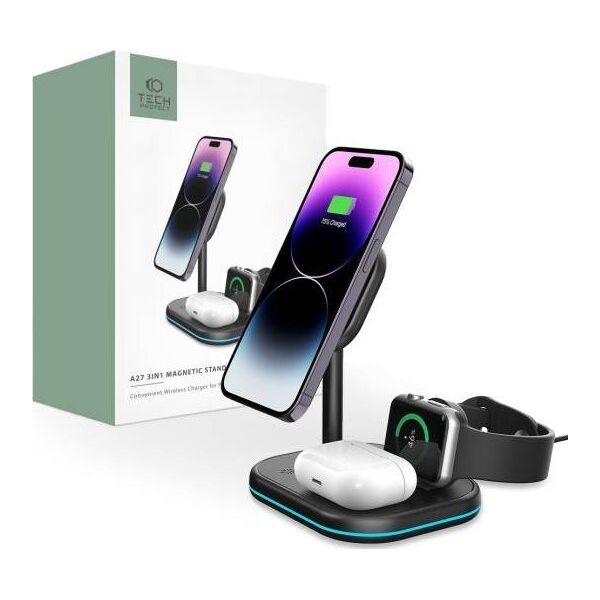 Ładowarka Tech-Protect Ładowarka bezprzewodowa Tech-Protect QI15W-A27 3in1 Magnetic MagSafe Wireless Charger Black 13237506 9490713934586