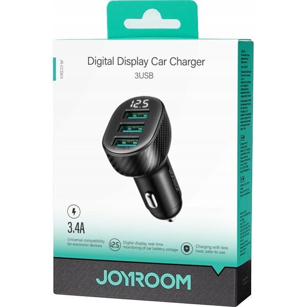 Ładowarka Joyroom Ładowarka samochodowa Joyroom JR-CCD03 3.4A z wyświetlaczem 3x USB-A - czarna 13239218 6941237112002