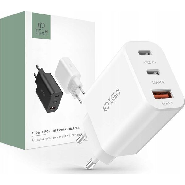 Ładowarka Tech-Protect TECH-PROTECT NC30W 3-PORT NETWORK CHARGER PD30W/QC3.0 WHITE 13248689 9490713935262