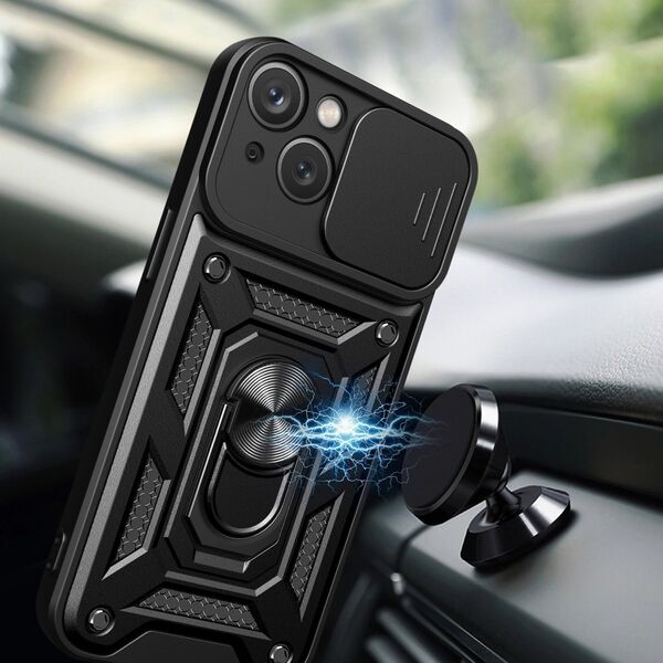 Hurtel Pancerne etui z podstawką i osłoną aparatu do iPhone 15 Plus Hybrid Armor Camshield - czarne 13250633 9145576280775