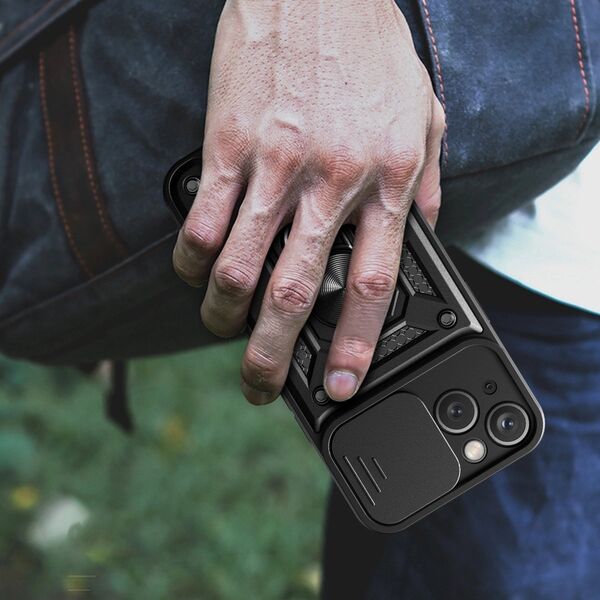 Hurtel Pancerne etui z podstawką i osłoną aparatu do iPhone 15 Plus Hybrid Armor Camshield - czarne 13250633 9145576280775