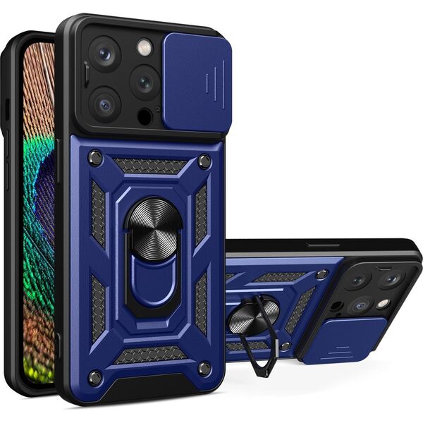 Hurtel Pancerne etui z podstawką i osłoną aparatu do iPhone 15 Pro Hybrid Armor Camshield - niebieskie 13251182 9145576280812