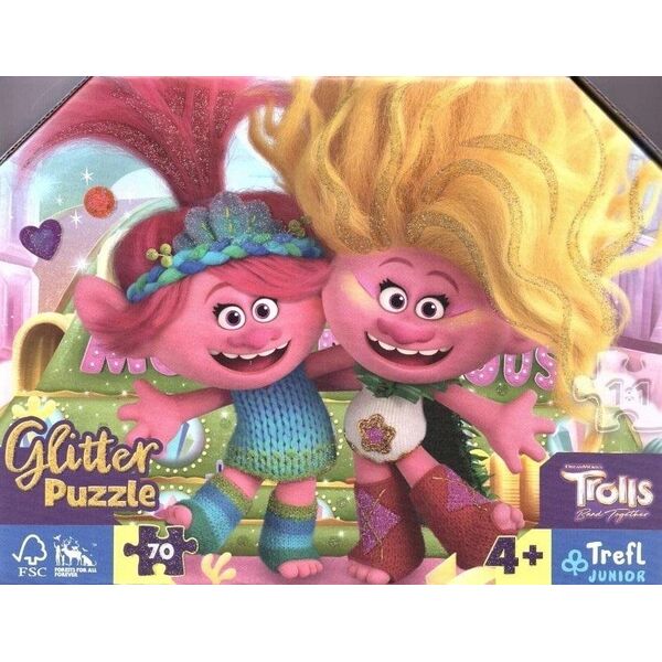 Trefl Puzzle 70el glitter w kuferku Brokatowe Trolle. Trolls 3 53021 Trefl 13276678 5900511530216
