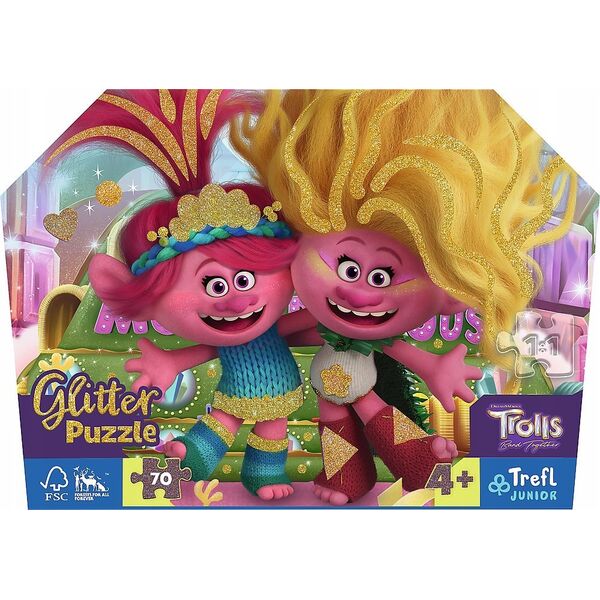 Trefl Puzzle 70el glitter w kuferku Brokatowe Trolle. Trolls 3 53021 Trefl 13276678 5900511530216