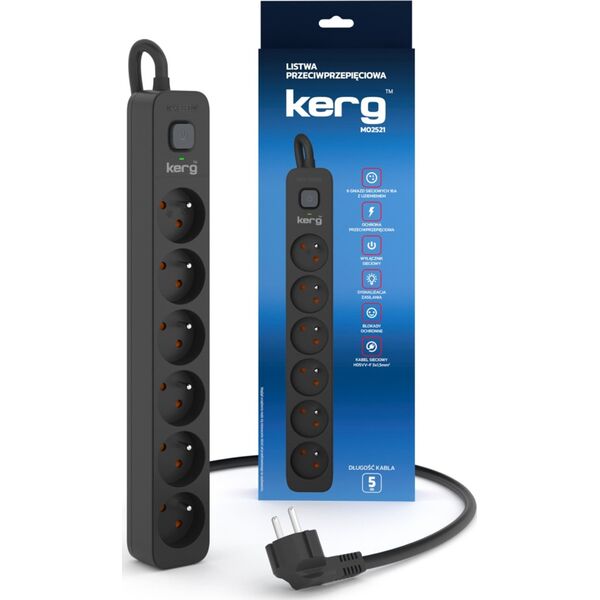 Listwa zasilająca Kerg Urządz. zas.-zabezpiecz. KERG z wyłącznikiem-6 gniazd-czarny-5m-16A-H05VV-F-3x1,5mm2 13294356 5901791361507