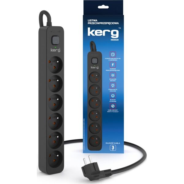 Listwa zasilająca Kerg Urządz. zas.-zabezpiecz. KERG z wyłącznikiem-6 gniazd-czarny-3m-16A-H05VV-F-3x1,5mm2 13294359 5901791361309