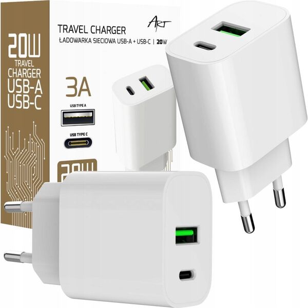Ładowarka Art ŁADOWARKA SIECIOWA PD/QC 4.0 1x USB-C 1x USB-A 3A 20W ART 13295840 5906721172017