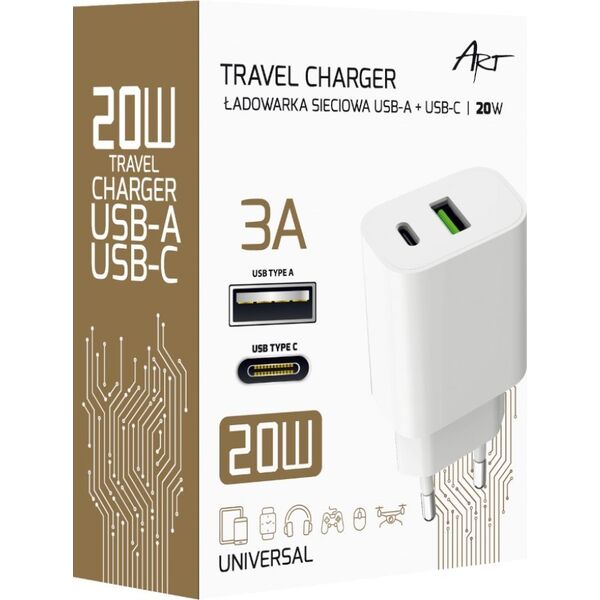 Ładowarka Art ŁADOWARKA SIECIOWA PD/QC 4.0 1x USB-C 1x USB-A 3A 20W ART 13295840 5906721172017