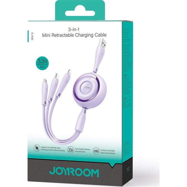 Kabel USB Joyroom USB-A - USB-C + microUSB + Lightning 1 m Fioletowy (JYR944) 13299279 6941237121028