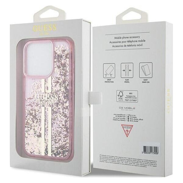 Guess Guess GUHCP15LLFCSEGP iPhone 15 Pro 6.1" różowy/pink hardcase Liquid Glitter Gold Stripes 13300735 3666339223687
