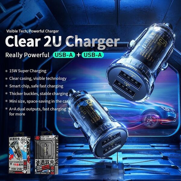Ładowarka Wekome Ładowarka samochodowa 2 x USB-A Fast Charging 15W Czarna / Przezroczysta 13303719 6941027632628