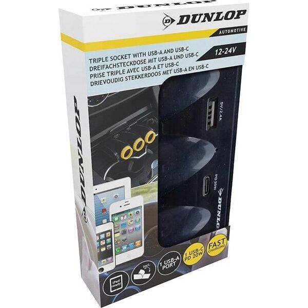 Ładowarka Dunlop Dunlop - Ładowarka samochodowa USB-A + USB-C 20W PD / 3x rozdzielacz gniazda zapalniczki 12/24V (czarny) 13304924 8711252241241