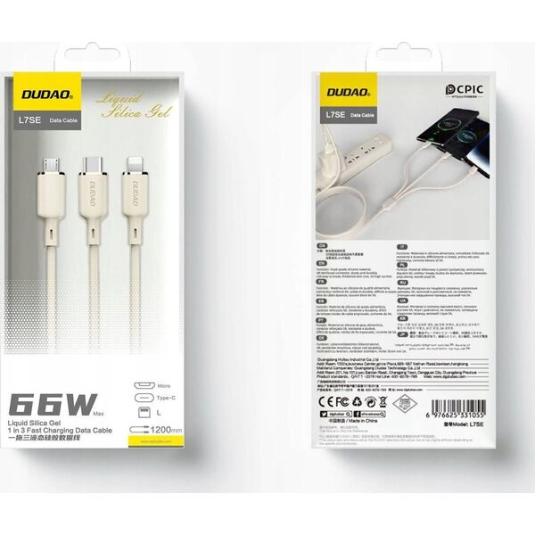 Dudao Kabel 3w1 Dudao L7SE USB-C / USB-C, Lightning, microUSB 66W 1.2m beżowy 13305231 6976625331055