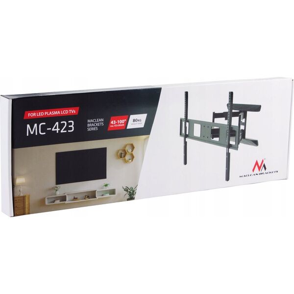 Maclean Uchwyt do TV Maclean, max VESA 800x600, 43-100", 80kg, reg.kąta w pionie i poziomie, profil 50-500mm, czarny, MC-423 13317918 5902211134091
