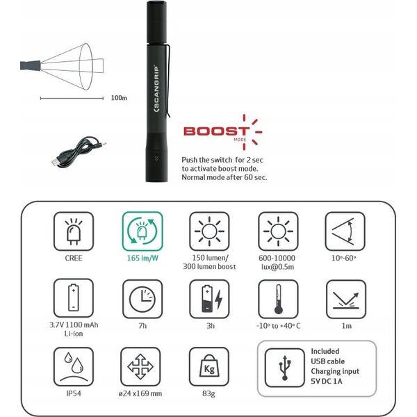 Latarka Scangrip Žibintuvėlis Scangrip FLASH PEN R 300lm, įkraunamas, IP54 13419890 5708997351369