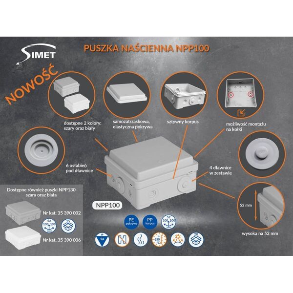 Simet Puszka naścienna przyłączeniowa NPP100 szary, SIMET 13427123 5907813235597