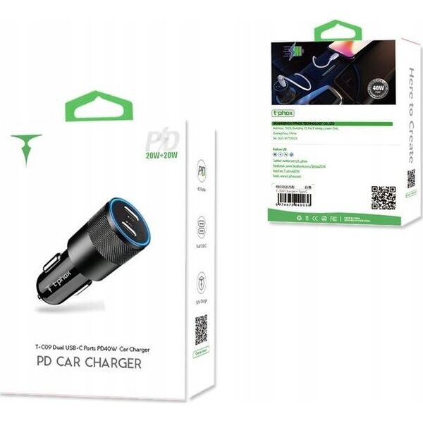 Ładowarka T-Phox ŁAD SAM. T-PHOX T-C09 2xUSB-C 40W BLACK 13433552 6974670442160