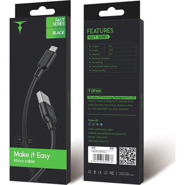 Kabel USB T-Phox KABEL T-PHOX FAST MICRO USB BLACK 13439826 6972165640978