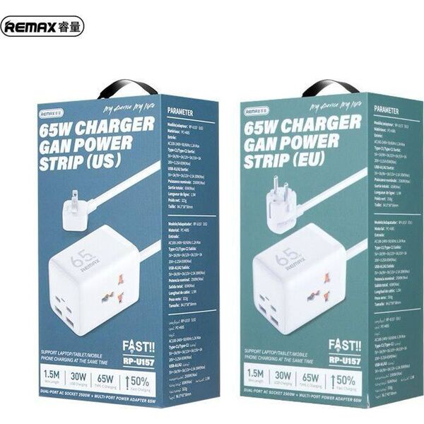 Ładowarka Remax ŁAD SIEC REMAX GAN POWER STRIP 65W RP-U157 2xUSB+2xUSB-C 1.5M WHITE 13450889 6954851221937