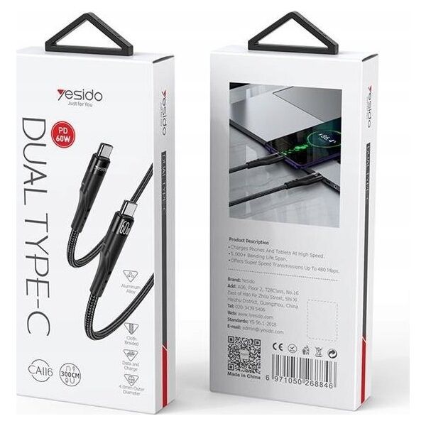 Kabel USB Yesido yesido Kabel CA116 PD 60W Type-C/Type-C 3m 3A, BLACK / CZARNY 13463231 6971050268846