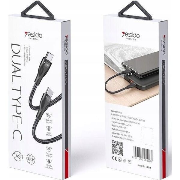 Kabel USB Yesido yesido Kabel CA83 PD 45W Type-C/Type-C 30cm 3A, BLACK / CZARNY 13463311 6971050265081