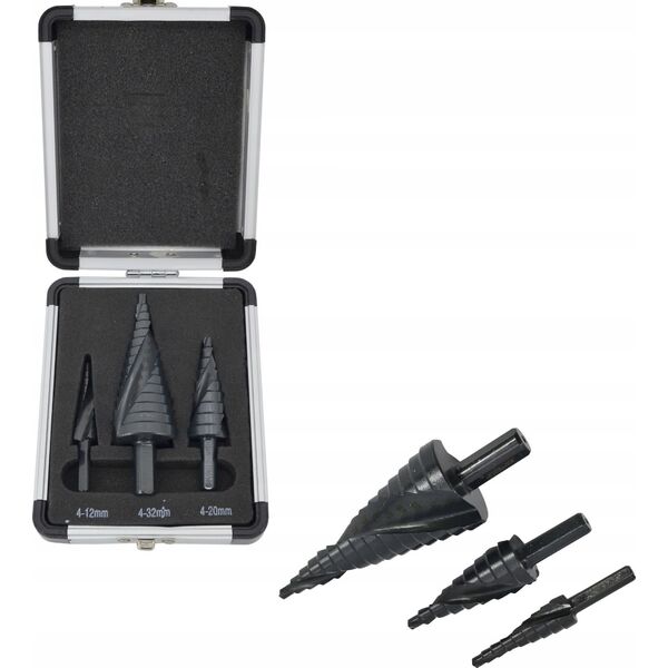 Wiertło AWTools AW WIERTŁO STOPNIOWE SPIRALNE KPL. 3szt./ 4-12 4-20 4-32mm/ AICrN/ CZARNE/ ETUI PLASTIK. 13520490 5903678616212