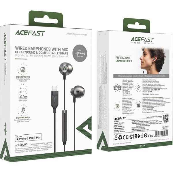 Słuchawki Acefast Słuchawki douszne do iPhone iPad ze złączem Lightning 1.2 m czarne Słuchawki douszne do iPhone iPad ze złączem Lightning 1.2 m czarne 13576599 6974316282624