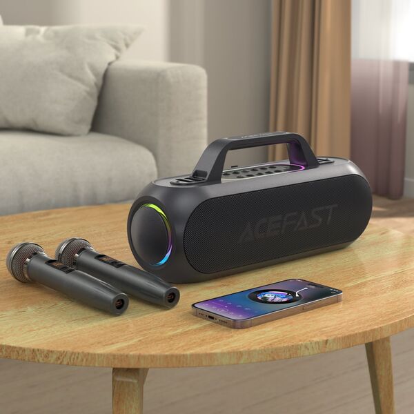 Głośnik Acefast Głośnik bezprzewodowy do karaoke 200W z 2 mikrofonami USB-C czarny Głośnik bezprzewodowy do karaoke 200W z 2 mikrofonami USB-C czarny 13576600 6974316282792