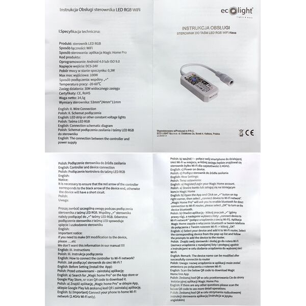 ECOLIGHT2 Sterownik LED RGB WiFi Ecolight EC79899 8A 96W 12V 13579441 5901986798996