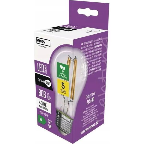 Emos Żarówka LED Emos Filament ZF5148 3,8W (60W) E27 A60 3000K biała ciepła 13620124 8592920120620