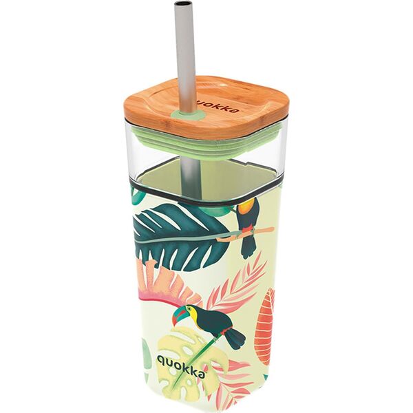 Quokka Quokka Liquid Cube - Kubek szklany 540 ml ze słomką ze stali nierdzewnej (Tropical Toucans) 13642266 8412497400560