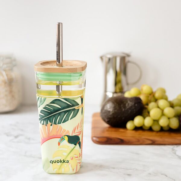 Quokka Quokka Liquid Cube - Kubek szklany 540 ml ze słomką ze stali nierdzewnej (Tropical Toucans) 13642266 8412497400560
