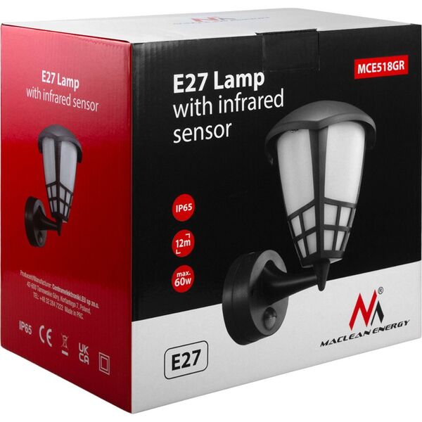 Kinkiet Maclean Kinkiet 1xE27 z czujnikiem Maclean, czujnik na podczerwień, max. obciążenie 60W, IP65, kolor szary, MCE518 GR 13673218 5902211134626