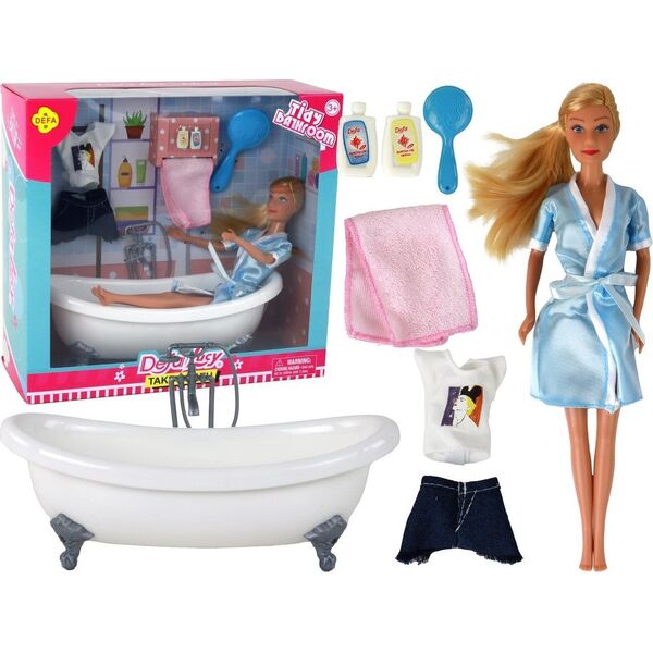 LeanToys Lalka Dla Dzieci Długie Blond Włosy Szlafrok Niebieski Wanna Łazienka 13674716 5905515352550