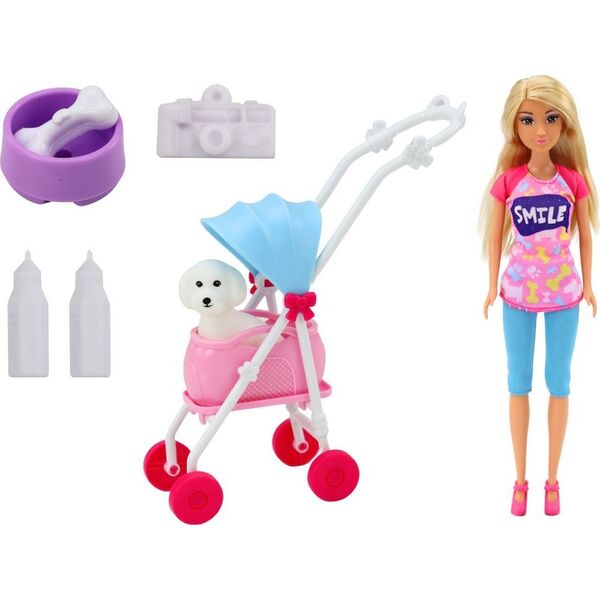 LeanToys Lalka Anlily z Pieskiem W Wózku Butelki Miska Kość Aparat 13674722 5905515352666