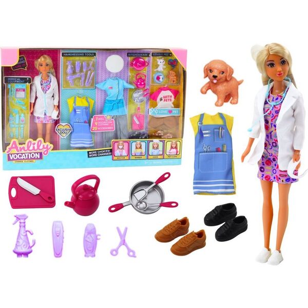 LeanToys Lalka Anlily 4w1 Lekarz Fryzjer Kucharka Zwierzęta Ubrania Akcesoria 13675582 5905884455111