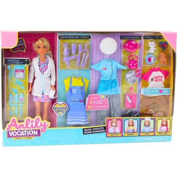 LeanToys Lalka Anlily 4w1 Lekarz Fryzjer Kucharka Zwierzęta Ubrania Akcesoria 13675582 5905884455111
