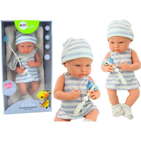 LeanToys Lalka Bobas w Biało-Niebieskim Ubranku Czapeczka Smoczek Śliniaczek Kołderka 13676358 5905991015376