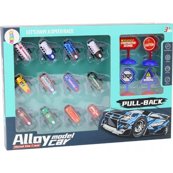 LeanToys Zestaw 12 Autek Samolotów Z Napędem 5cm Znaki Drogowe 13676660 5905991019695