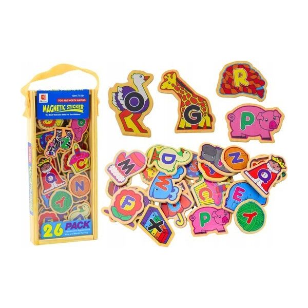 LeanToys Zestaw Magnesy Drewniane Literki Obrazki Zwierzęta Przedmioty 26 Sztuk 13676801 5905991021841