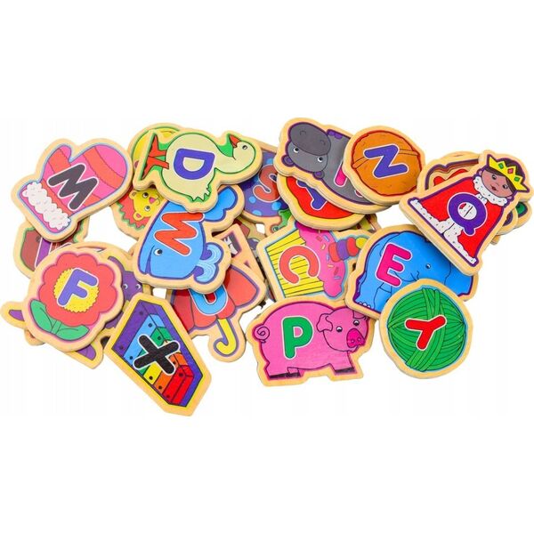 LeanToys Zestaw Magnesy Drewniane Literki Obrazki Zwierzęta Przedmioty 26 Sztuk 13676801 5905991021841