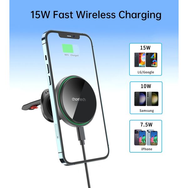 Choetech Magnetyczny uchwyt samochodowy Choetech T204-F, z ładowarką 15W (czarny) 13680355 6932112106360