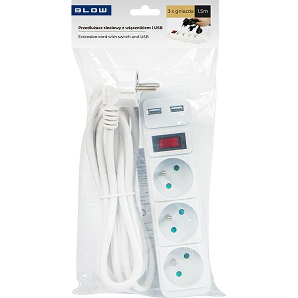 Blow 98-080# Przedłużacz sieciowy pr-370wsp/usb 3-gniazda+usb z uziemieniem+wyłącznik 1,5m biały 3x1,5mm 13711763 5900804133506