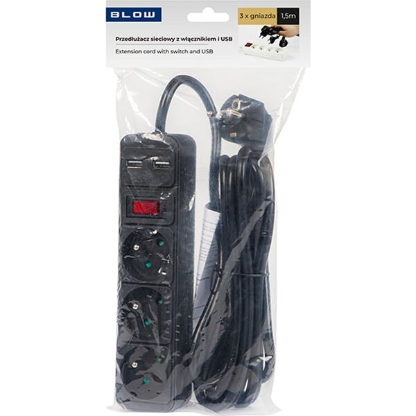 Blow 98-074# Przedłużacz sieciowy pr-370wsp/usb 3-gniazda+usb z uziemieniem+wyłącznik 1,5m czarny 3x1,5mm 13711767 5900804133445