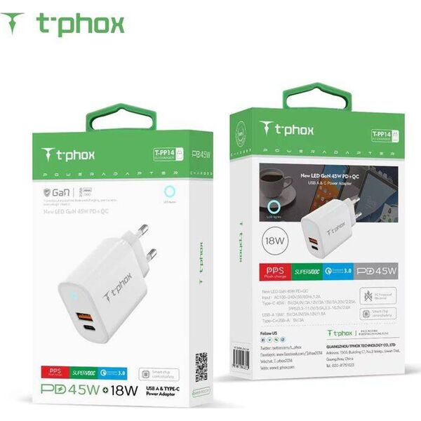 Ładowarka T-Phox Ładowarka Sieciowa 45W USB + USB-C T-PHOX GLORY biała 13722832 6974670443952