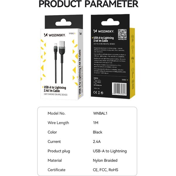 Kabel USB Wozinsky USB-A - Lightning 1 m Czarny (5907769308697) 13804521 5907769308697